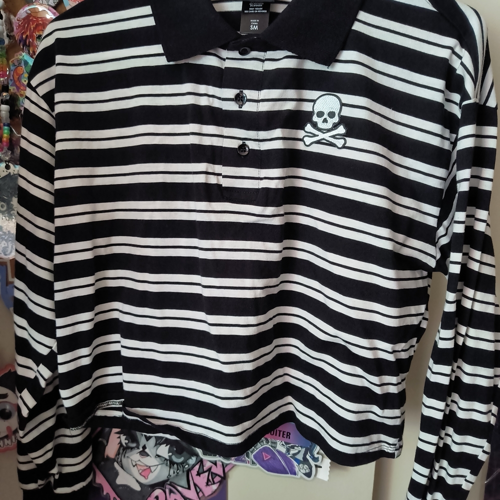 Hot Topic Social Collision Skull Striped Girls Crop Long Sleeve Polo